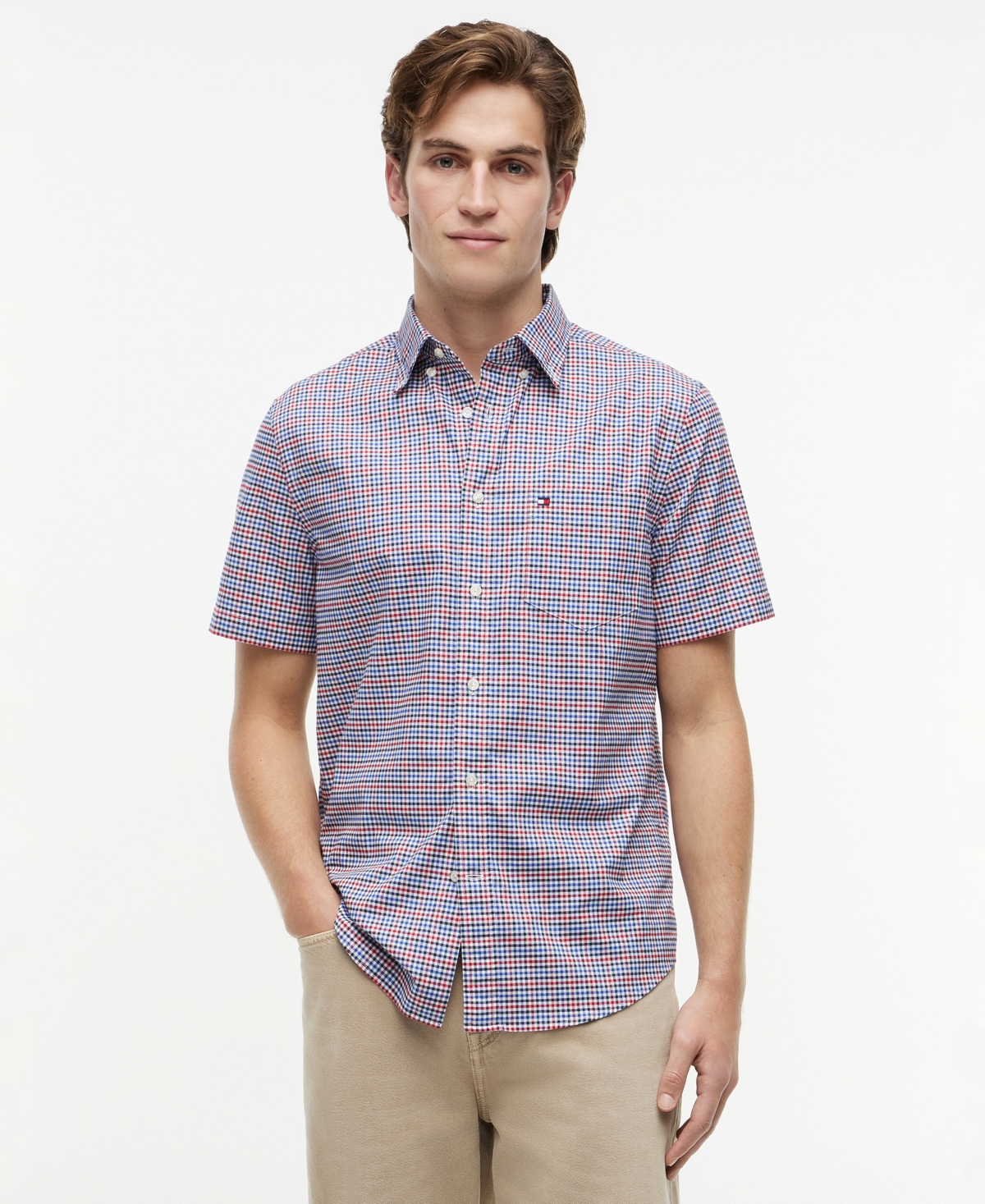 Tommy Hilfiger Men's Oxford Multi-Gingham Short-Sleeve Shirt - Medium Red / Check