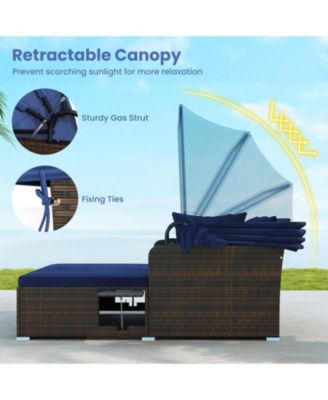 Outdoor Rattan Daybed with Retractable Canopy and Side Tables