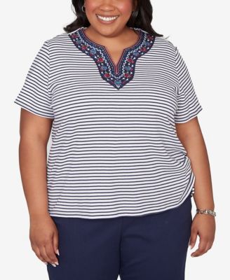 Plus Size Lady Liberty Embroidered Neck Striped Side Tie Top