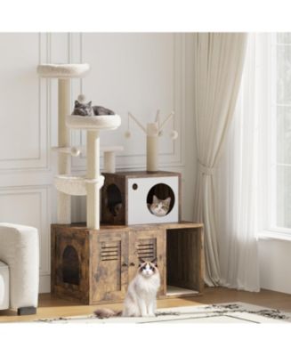 gaomon Litter Box Enclosure with Tree Tower and Condo, Wooden Cat Tower ...