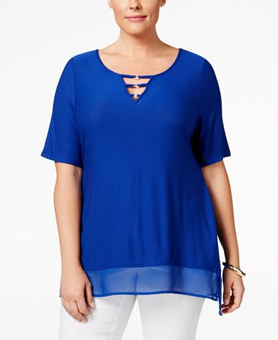 Belldini Plus Size Keyhole Chiffon-Hem Top
