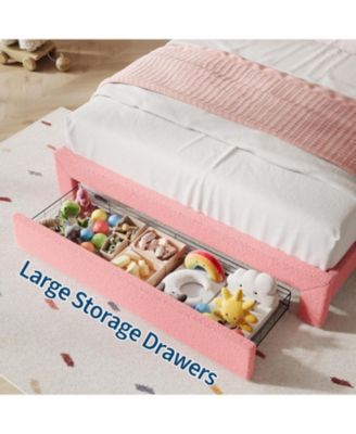 Upholstered LED Bed Frame with Storage Drawer, Wavy Headboard, Lamb Fleece Fabric, Wood Slats.