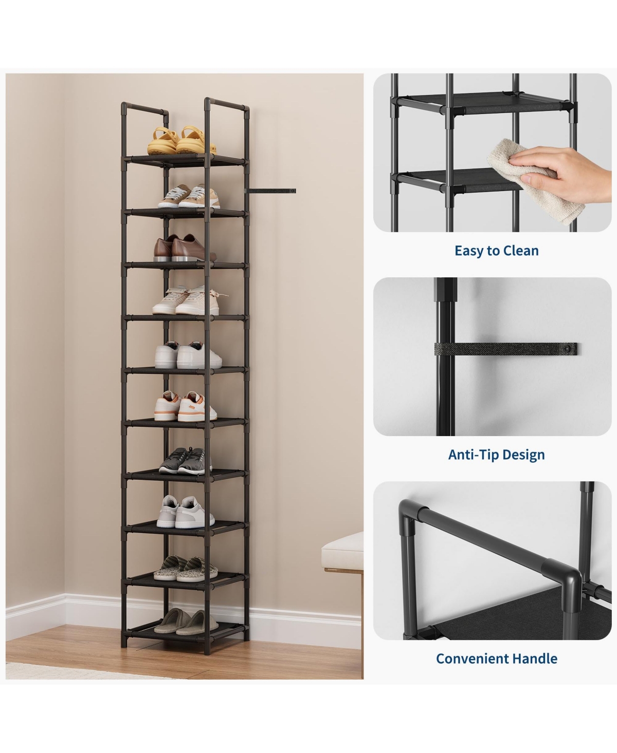Homfan 10 Tier Metal Shoe Rack with Adjustable Fabric Shelves