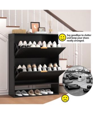 Fluted Shoe Cabinet with 2 Flip Drawers, Open Shelf and Side Hooks, Slim Entryway Storage for Hallway or Foyer