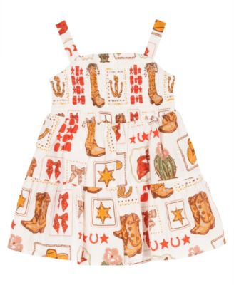 Rare Editions Girls' 2T-6X Western Printed Woven Romper Dress with Smocking