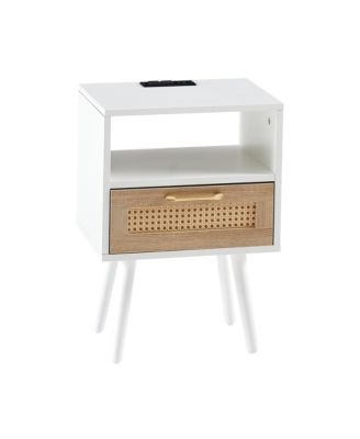 Modern Rattan End Table with Power Outlet USB Ports Drawer Solid Wood Legs