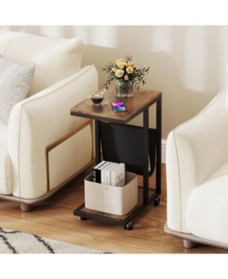 C-shaped Side Table with Canvas Storage Pouch and Metal Frame