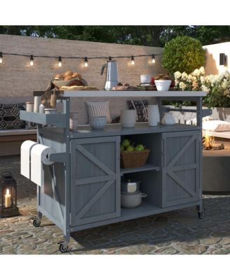 Outdoor Kitchen Island and Rolling Bar Cart, Farmhouse Solid Wood Grill Table with Stainless Steel Top, Spice Rack and Towel Rack