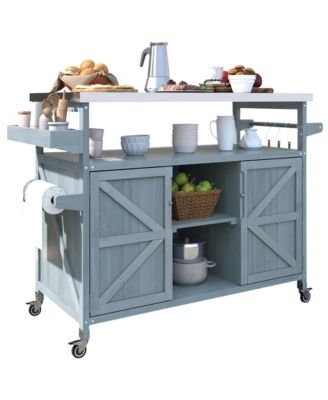 Outdoor Kitchen Island and Rolling Bar Cart, Farmhouse Solid Wood Grill Table with Stainless Steel Top, Spice Rack and Towel Rack