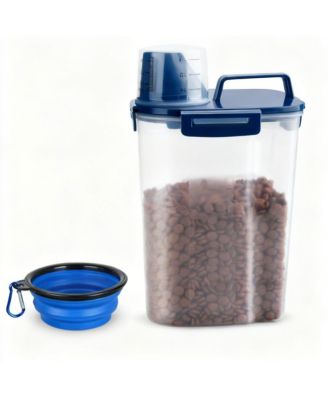 Airtight Pet Food Storage Container with Pour Spout Measuring Cup 4 Seal Buckles BPA Free Durable Plastic