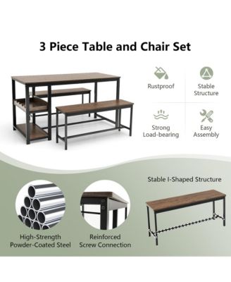 3PCS Rustic Kitchen Dining Set Includes Storage Rack w/ Rectangular Table and 2 Benches