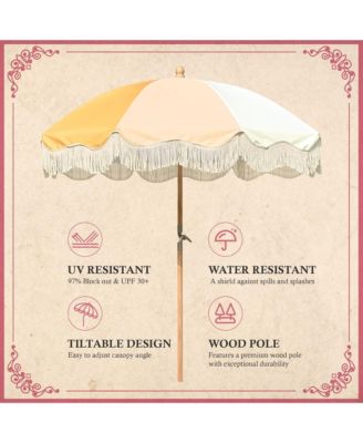 6Ft Vintage Floral Fringe Umbrella w/ Deck Holder Carry Bag Adjustable for Outdoor Balcony Deck Food Ice Cream Cart Mobile Stall