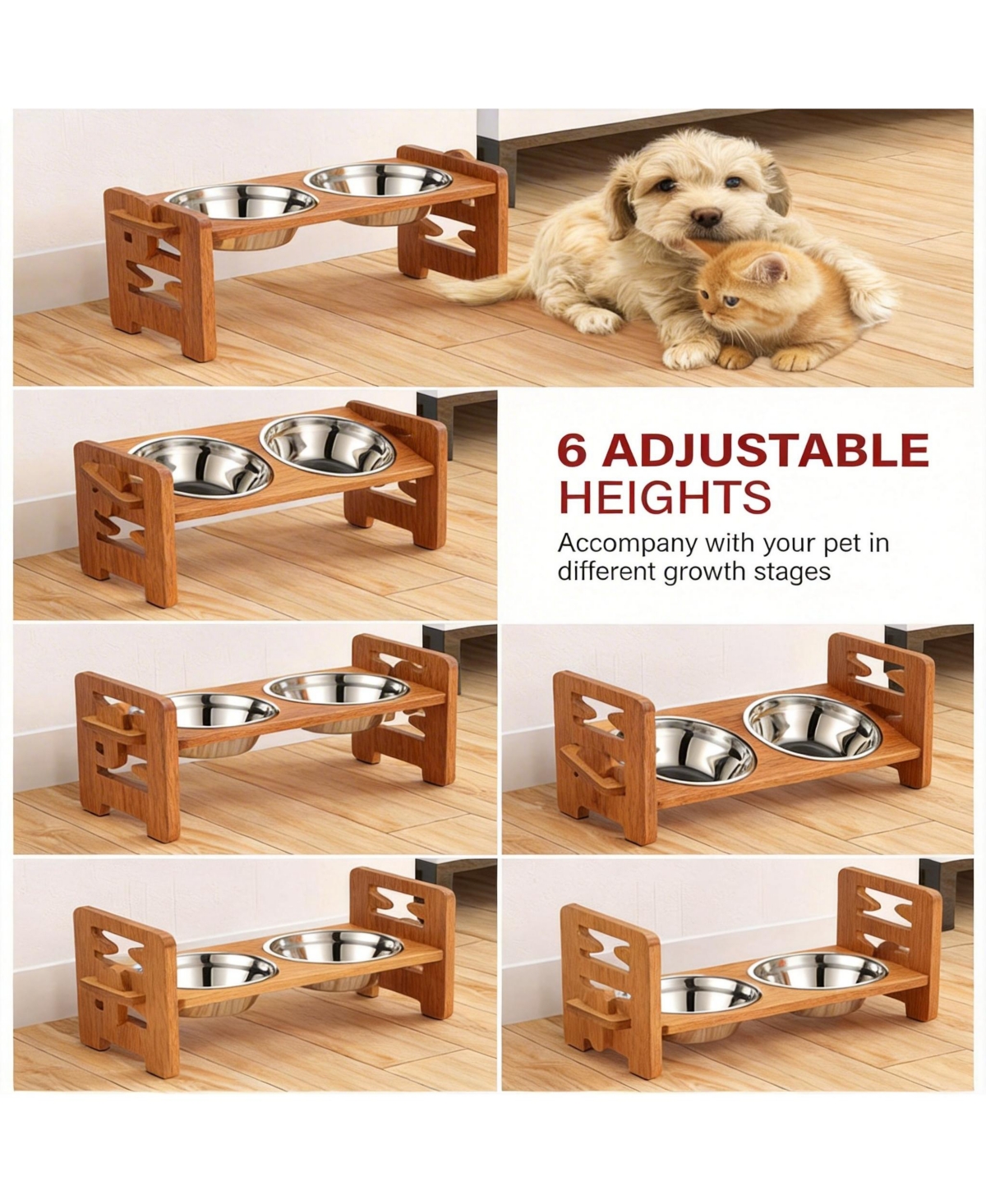 Aronkl Adjustable Elevated Dog Cat Bowl Stand Heights Tilt Foldable with 2 Stainless Steel Dishes