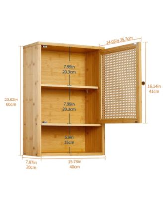 Bathroom Wall Cabinet, Wood Rattan Storage with 3-Tier Shelves and Doors, Medicine Cabinet, Holds 33lbs for Bathroom, Laundry Room