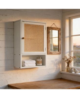 homfan Bathroom Wall Cabinet, Wood Rattan Storage with 3-Tier Shelves and Doors, Medicine Cabinet, Holds 33lbs for Bathroom, Laundry Room - White, NO SIZE