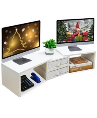 Dual Monitor Stand Riser With Drawers Adjustable Shelf Organizer Wood Desk Storage