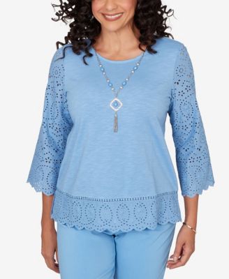 Women's St. Augustine Solid Eyelet Trim Crewneck Top with Necklace