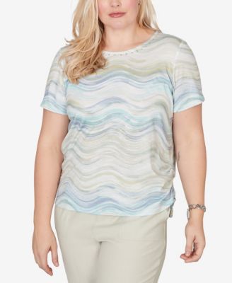 Women's Vintage Charm Wavy Biadere Side-Tie Ruched Crewneck T-Shirt