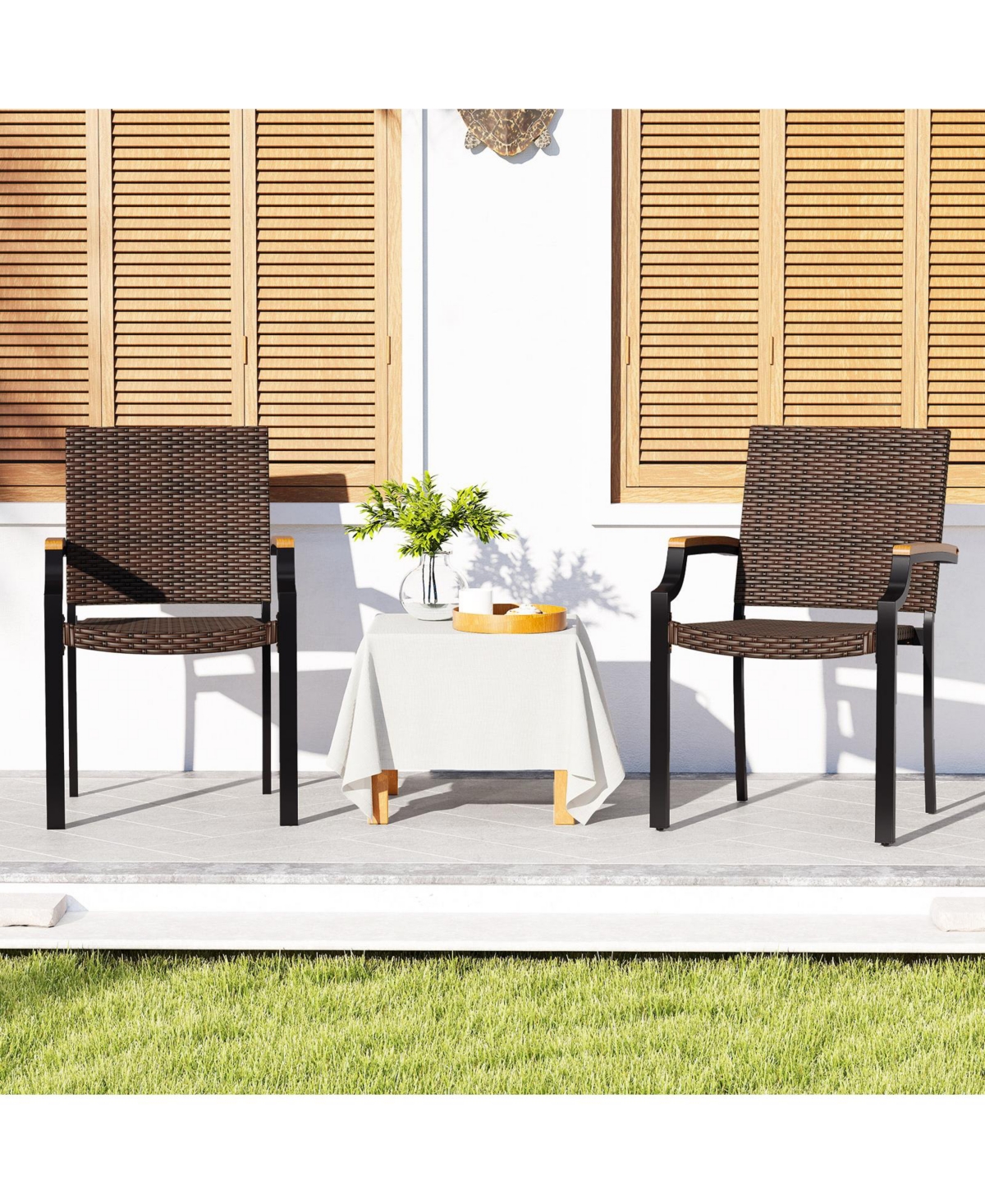 Sugift Stacking Wicker Chairs Set of 2 Patio Rattan Dining Chairs with Acacia Wood Armrests