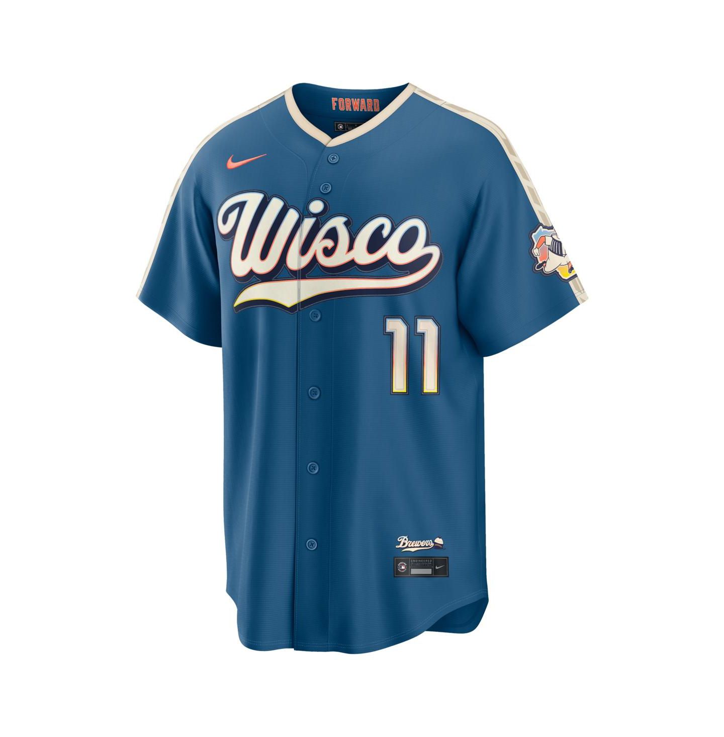 Мужской топ Nike Jackson Chourio Mineral Blue Milwaukee Brewers 2026 City Connect Stadium Jersey — фото 2