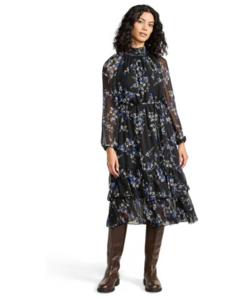 Женское платье Lands' End Crinkle Chiffon Ruffle, цвет: Чёрный / С принтом