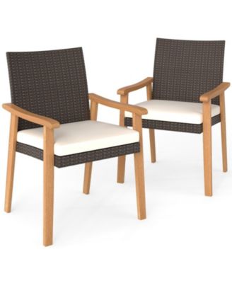 Set of 2 PE Rattan Patio Dining Chairs with Acacia Wood Armrests and Removable Cushions