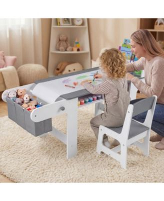 Kids Art Table and Chair Set with Paper Roll and Storage Cubbies