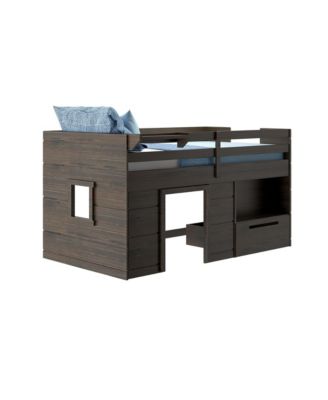 Modern Farmhouse Low Loft Bed with Storage Drawer, Solid Wood Bed for Kids