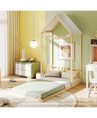 Twin Kids House Bed Frame with Safety Guardrails