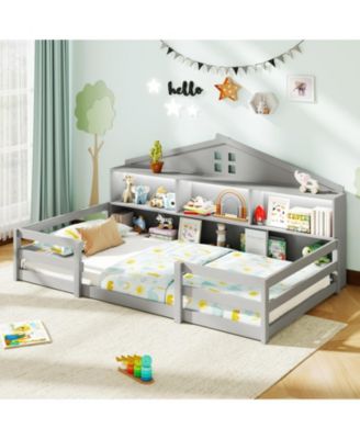 Twin Montessori Floor Bed with Storage Shelves and Storage Compartments