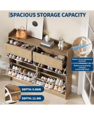 Rattan Shoe Cabinet with Adjustable Shelves and Metal Handles, Narrow Entryway Storage