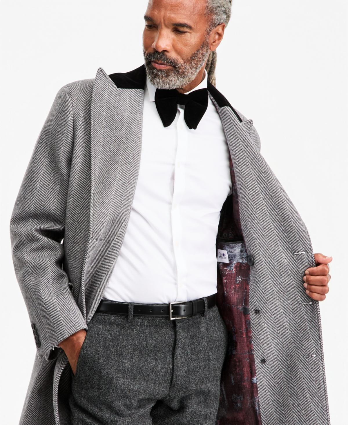 Tayion Collection Men's Classic-Fit Herringbone Light Gray Double-Breasted Overcoat