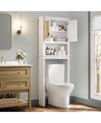 Storage Cabinet, Over Toilet Bathroom Organizer with Rattan Doors, Bathroom Cabinet with Adjustable Shelf and with Anti-Tip Device