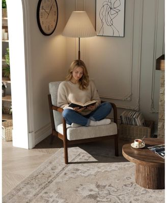 Mid-Century Modern Accent Chair with Corduroy Upholstery, Solid Wood Armchair with Removable Lumbar Pillow