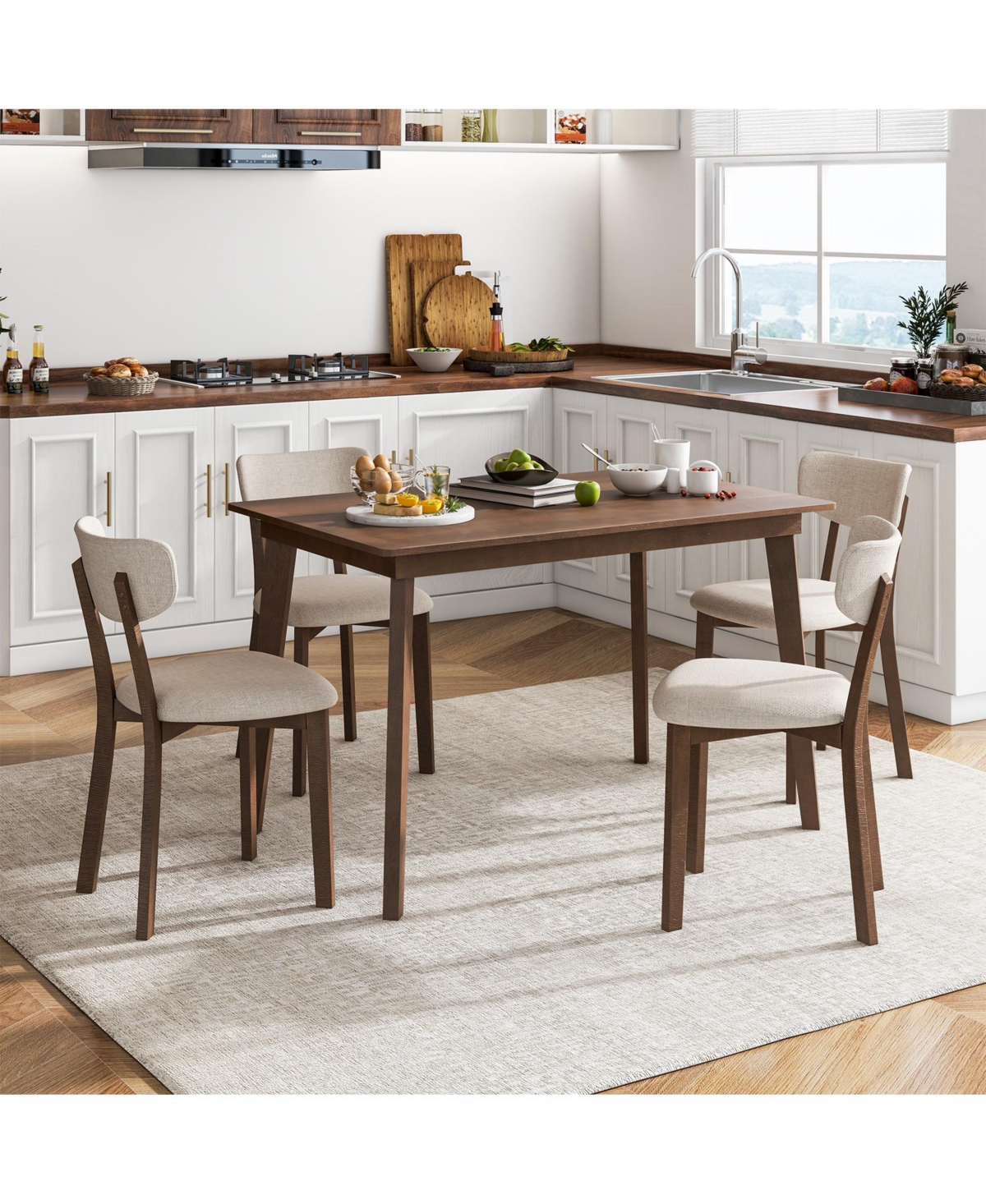 Gouun 5-Piece Padded Dining Set with Rubber Wood Table and 4 Linen Chairs