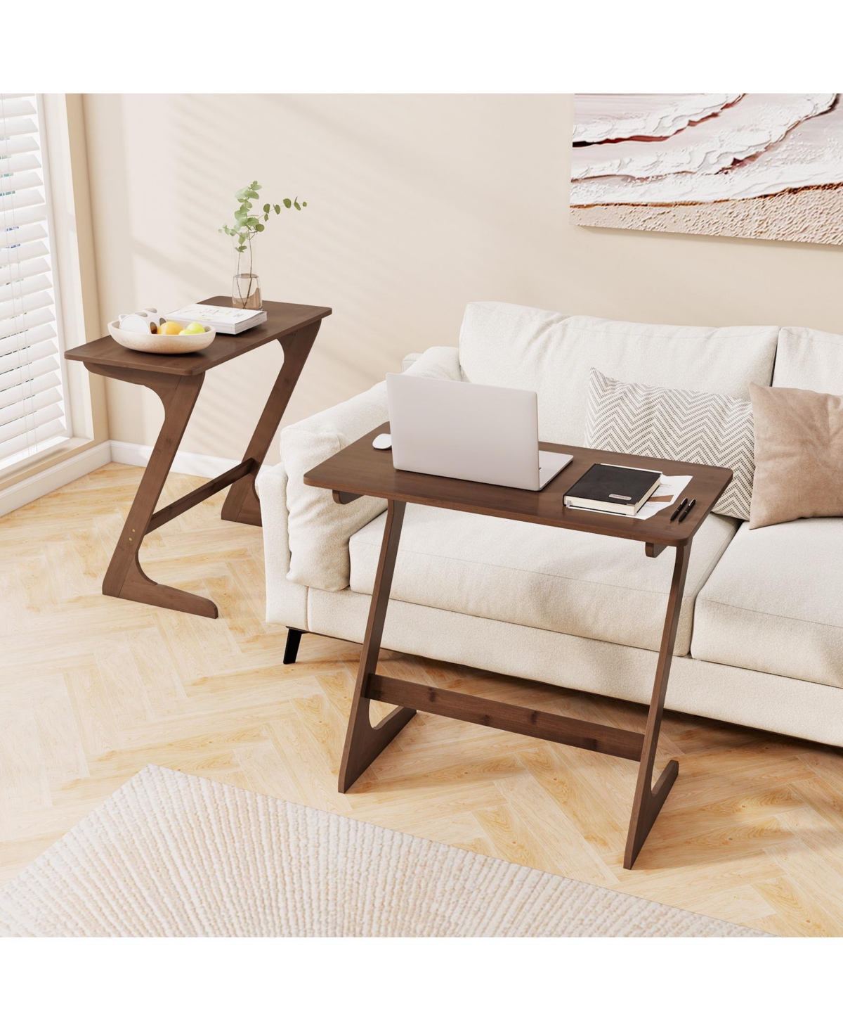 Sugift Bamboo Z Shaped Sofa Side Table with Space Saving Top