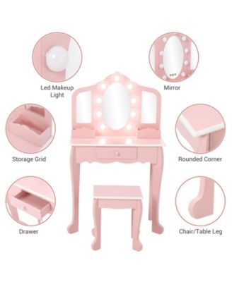 Kids Vanity Set with Lighted Tri Fold Mirror, Wooden Pretend Play Dressing Table with Stool, Storage Drawer & Adjustable LED Modes