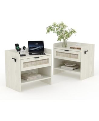 Rattan Nightstand Set of 2, Bedside Table, Night Stand with Type-C Charging Station, Storage Drawer, and Open Storage Space