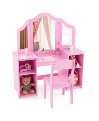 Kids Vanity Set with Tri-Folding Acrylic Mirror, 4 Storage Cubbies and High-Back Chair