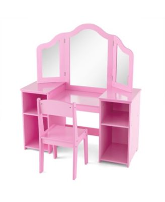 Kids Vanity Set with Tri-Folding Acrylic Mirror, 4 Storage Cubbies and High-Back Chair