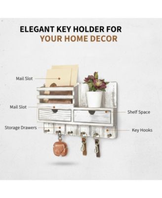 Wall Mounted Key Holder with 2 Drawers 6 Hooks Shelf Mail Organizer Decor