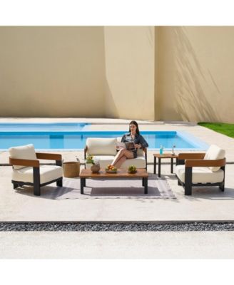 4-Piece Patio Conversation Set with 2 Armchairs, Loveseat & Coffee Table, Outdoor Accent Chairs with Removable Cushion, Sturdy Metal Frame