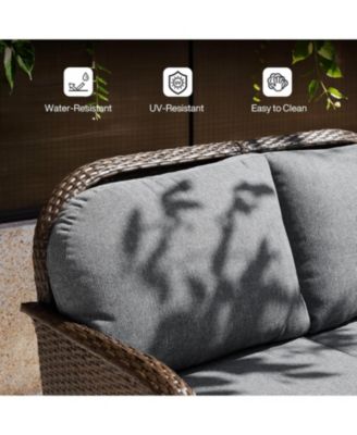 5-Piece Outdoor Wicker Patio Furniture Set with 2 Swivel Chairs, 1 Loveseat and 2 Tables, Rattan Conversation Set with Cushions