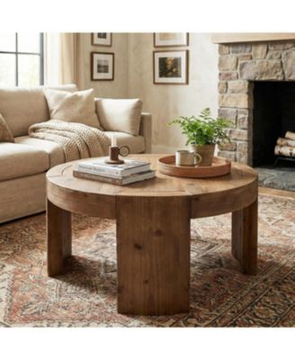  Solid Wood Round Coffee Table, 31.5-Inch Farmhouse Circle Center Cocktail Tea Table