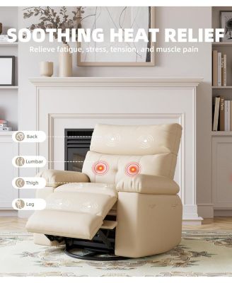 Swivel Rocking Recliner Chair, Oversized PU Leather Reclining Nursery Rockers with Heat and Massage, Rocker Recliner Chair with Pull Handle