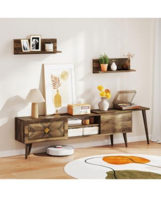 75 in Mid-Century TV Stand with Floating Shelves and Flip Cabinets