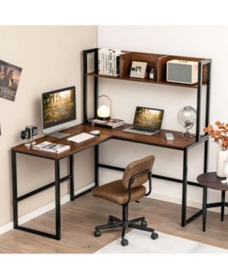 Reversible L-Shaped Corner Desk with Open Storage Hutch and Footrest Bars