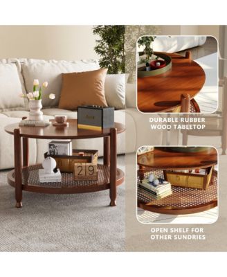 Round Coffee Table, 2-Tier Rustic Wood Center Table with Boho Woven Rattan Storage Shelf for Living Room