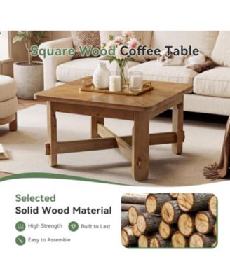 Solid Wood Square Coffee Table, 31.5" Farmhouse Accent Center Table with Sturdy Cross-braced Legs, Mid-Century Modern Tea Cocktail Tables