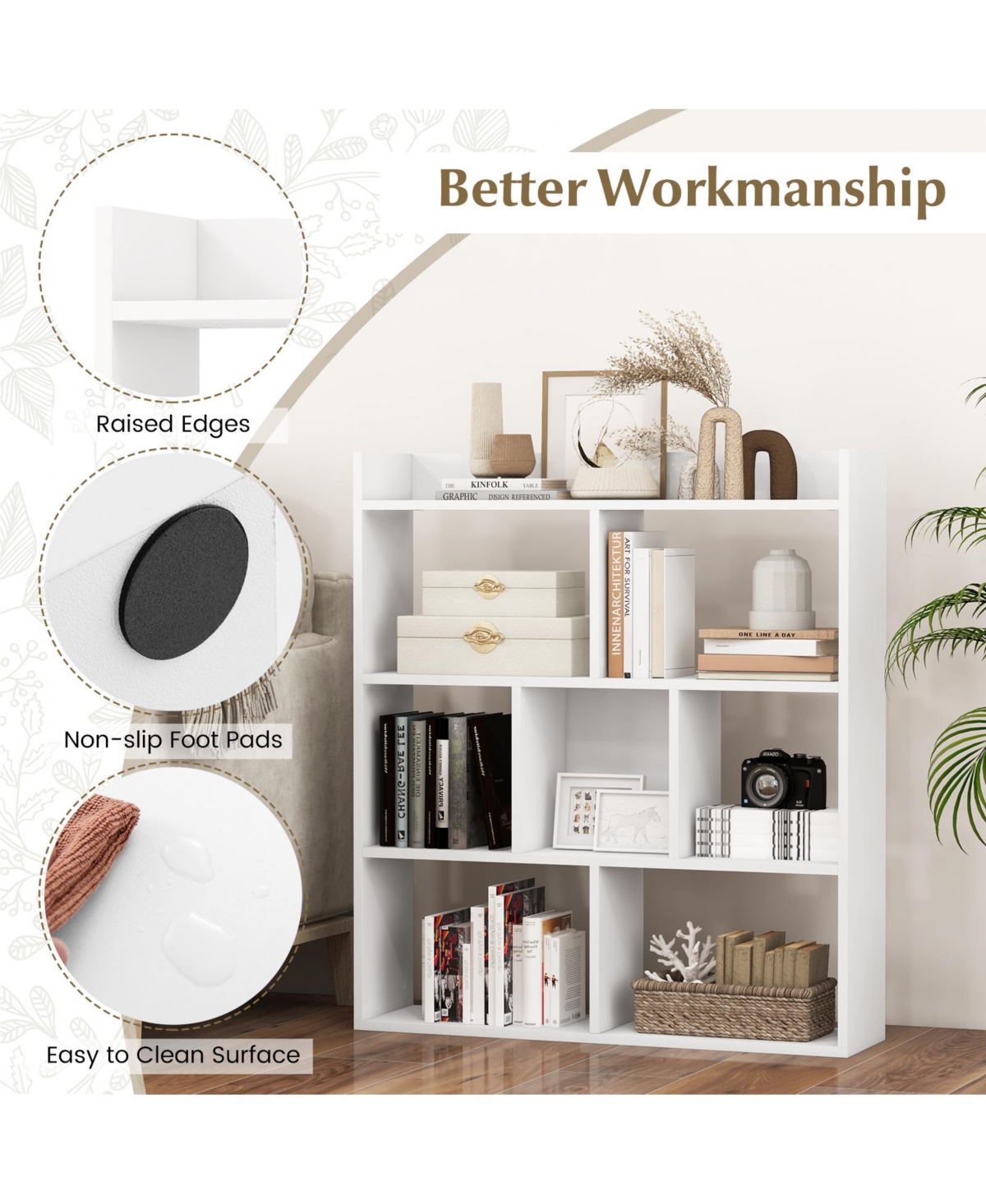 Gouun 7-Cube Open-Back Bookshelf with Anti-Toppling Devices, 31.5 x 8 x 35.5